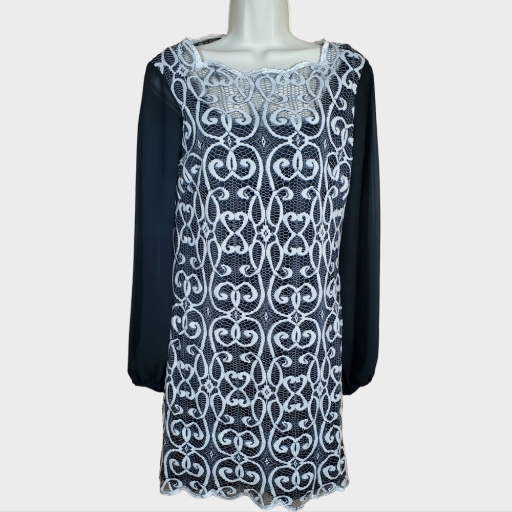 Adrianna Papell Black & White Lace Front Sheer Sleeve Dress Size 4